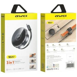 Induction Charger 3-in-1 AWEI W27 15W with USB-C cable Fast Charging juodos spalvos - Image 6