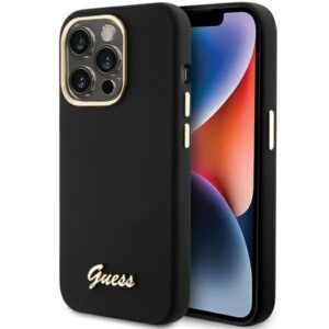 Guess GUHCP15XSMBSLK Apple iPhone 15 Pro Max6.7"  juodos spalvos dėklas Silicone Script Metal Logo & Frame