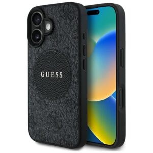 Dėklas Guess 4G Circle Classic Logo MagSafe skirtas Apple iPhone 16 juodos spalvos