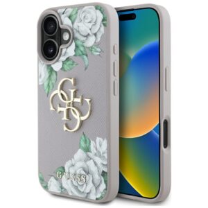 Dėklas Guess Grained Roses Big 4G logo skirtas Apple iPhone 16 violetinės spalvos
