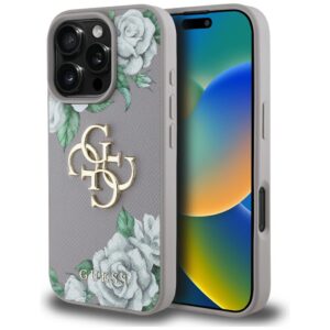 Dėklas Guess Grained Roses Big 4G logo skirtas Apple iPhone 16 Pro violetinės spalvos