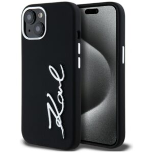 Dėklas Karl Lagerfeld Silicone Metal Script Logo skirtas Apple iPhone 15 juodos spalvos