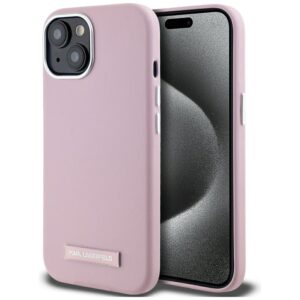 Dėklas Karl Lagerfeld FW Metal Plate MagSafe skirtas Apple iPhone 15 rožinės spalvos
