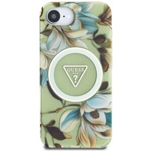 Originalus Dėklas GUESS IML Metal Glitter Flowers Triangle MagSafe skirtas Apple iPhone 16e žalios spalvos - Image 3