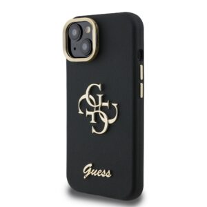 Guess PU Grained 4G Logo Stand Camera Frame dėklas skirtas Apple iPhone 15 juodos spalvos