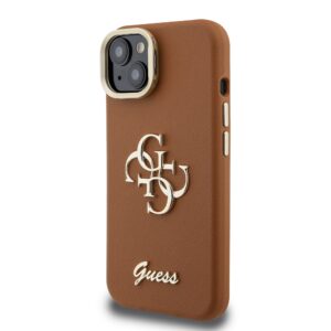 Guess PU Grained 4G Logo Stand Camera Frame dėklas skirtas Apple iPhone 15 rudos spalvos