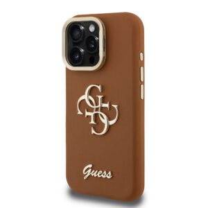Guess PU Grained 4G Logo Stand Camera Frame dėklas skirtas Apple iPhone 15 Pro rudos spalvos