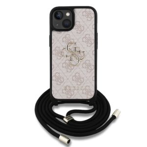 Guess PU 4G Metal Logo Crossbody Strap dėklas skirtas Apple iPhone 15 rožinės spalvos