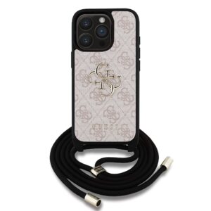 Guess PU 4G Metal Logo Crossbody Strap dėklas skirtas Apple iPhone 15 Pro rožinės spalvos