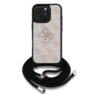 Guess PU 4G Metal Logo Crossbody Strap dėklas skirtas Apple iPhone 16 Pro rožinės spalvos