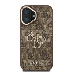 Guess PU 4G Metal Logo Stand Camera Frame dėklas skirtas Apple iPhone 16 rudos spalvos - Image 2