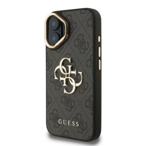 Guess PU 4G Metal Logo Stand Camera Frame dėklas skirtas Apple iPhone 16 juodos spalvos