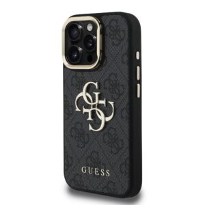 Guess PU 4G Metal Logo Stand Camera Frame dėklas skirtas Apple iPhone 16 Pro Max juodos spalvos - Image 1