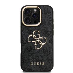 Guess PU 4G Metal Logo Stand Camera Frame dėklas skirtas Apple iPhone 16 Pro Max juodos spalvos - Image 2