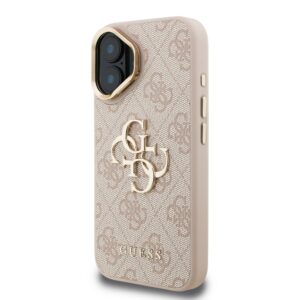 Guess PU 4G Metal Logo Stand Camera Frame dėklas skirtas Apple iPhone 16 rožinės spalvos