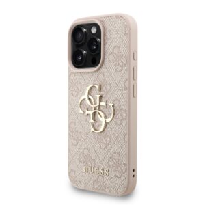 Guess PU 4G Metal Logo Strap dėklas skirtas Apple iPhone 16 Pro Max rožinės spalvos