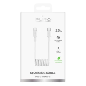 Puro 25W USB-C Spiral kabelis - USB-C 1m - baltos saplvos - Image 2