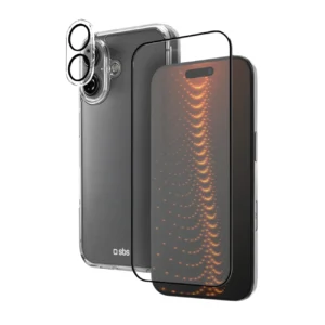 SBS set with D3O technology skirtas iPhone 16 - case + glass screen and camera protector - transparent