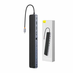 Hub 12w1 Baseus EliteJoy Gen2 series USB-C do 2xHDMI+ 3xUSB 3.0+ PD+ DP+ SD/TF+ RJ45+Type-C+ 3.5mm dark pilkos spalvos