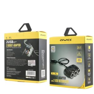 AWEI įkrovimo šakotuvas C-353 12V + 2 USB, juodos spalvos - Image 4