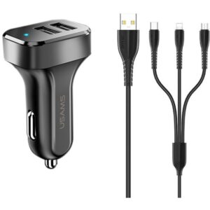 USAMS automobilinis įkroviklis 2xUSB C13 2,1A 3w1(microUSB/USB-C/lightning) juodos spalvos NTU35YTSC13TZ