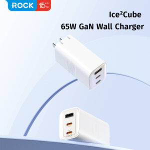 Rock laidinis įkroviklis Ice2Cube GaN - USB + 2xType C - PD 65W 3A baltos spalvos - Image 3