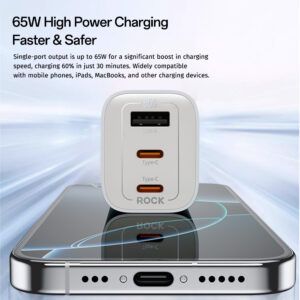 Rock laidinis įkroviklis Ice2Cube GaN - USB + 2xType C - PD 65W 3A baltos spalvos - Image 6