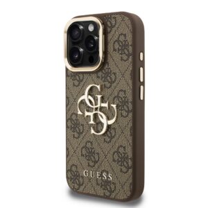 Guess PU 4G Metal Logo Stand Camera Frame dėklas skirtas Apple iPhone 15 Pro rudos spalvos
