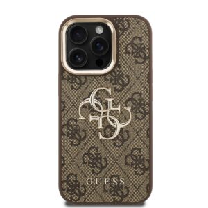 Guess PU 4G Metal Logo Stand Camera Frame dėklas skirtas Apple iPhone 15 Pro rudos spalvos - Image 2