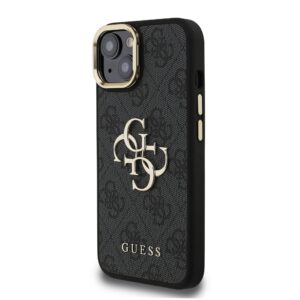 Guess PU 4G Metal Logo Stand Camera Frame dėklas skirtas Apple iPhone 15 juodos spalvos