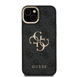 Guess PU 4G Metal Logo Stand Camera Frame dėklas skirtas Apple iPhone 15 juodos spalvos - Image 2