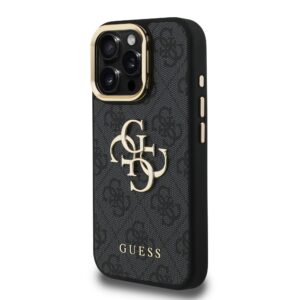 Guess PU 4G Metal Logo Stand Camera Frame dėklas skirtas Apple iPhone 15 Pro juodos spalvos
