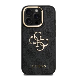 Guess PU 4G Metal Logo Stand Camera Frame dėklas skirtas Apple iPhone 15 Pro juodos spalvos - Image 2