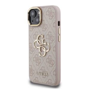 Guess PU 4G Metal Logo Stand Camera Frame dėklas skirtas Apple iPhone 15 rožinės spalvos