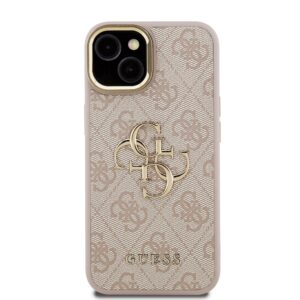 Guess PU 4G Metal Logo Stand Camera Frame dėklas skirtas Apple iPhone 15 rožinės spalvos - Image 2