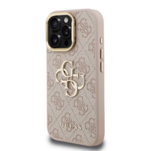 Guess PU 4G Metal Logo Stand Camera Frame dėklas skirtas Apple iPhone 16 Pro rožinės spalvos