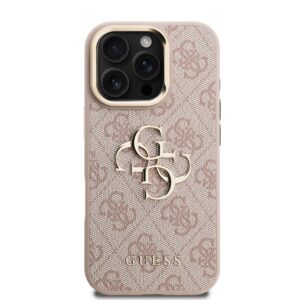 Guess PU 4G Metal Logo Stand Camera Frame dėklas skirtas Apple iPhone 16 Pro rožinės spalvos - Image 2