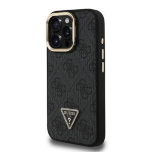 Guess PU 4G Strass Triangle Logo Stand Camera Frame MagSafe dėklas skirtas Apple iPhone 15 Pro Max juodos spalvos