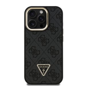 Guess PU 4G Strass Triangle Logo Stand Camera Frame MagSafe dėklas skirtas Apple iPhone 15 Pro Max juodos spalvos - Image 2