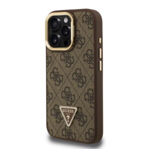 Guess PU 4G Strass Triangle Logo Stand Camera Frame MagSafe dėklas skirtas Apple iPhone 15 Pro Max rudos spalvos