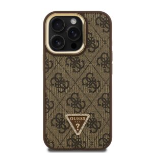 Guess PU 4G Strass Triangle Logo Stand Camera Frame MagSafe dėklas skirtas Apple iPhone 15 Pro Max rudos spalvos - Image 2