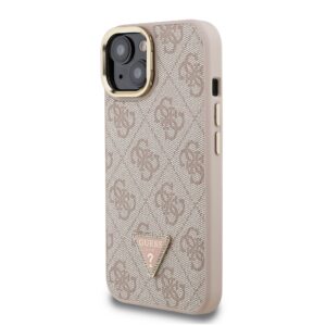 Guess PU 4G Strass Triangle Logo Stand Camera Frame MagSafe dėklas skirtas Apple iPhone 15 rožinės spalvos