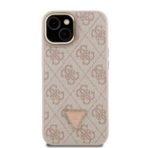 Guess PU 4G Strass Triangle Logo Stand Camera Frame MagSafe dėklas skirtas Apple iPhone 15 rožinės spalvos - Image 2