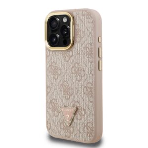 Guess PU 4G Strass Triangle Logo Stand Camera Frame MagSafe dėklas skirtas Apple iPhone 15 Pro rožinės spalvos - Image 1