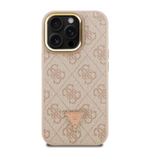Guess PU 4G Strass Triangle Logo Stand Camera Frame MagSafe dėklas skirtas Apple iPhone 15 Pro rožinės spalvos - Image 2