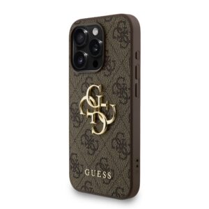 Guess PU 4G Metal Logo Strap dėklas skirtas Apple iPhone 15 Pro Max rudos spalvos