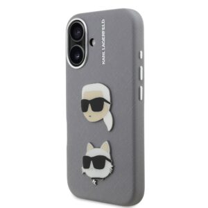Karl Lagerfeld Grained PU K&CH Heads dėklas skirtas Apple iPhone 16 pilkos spalvos