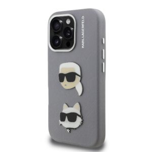 Karl Lagerfeld Grained PU K&CH Heads dėklas skirtas Apple iPhone 16 Pro pilkos spalvos