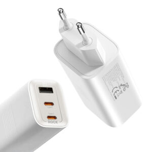 Rock laidinis įkroviklis Ice2Cube GaN - USB + 2xType C - PD 65W 3A baltos spalvos
