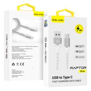 Blavec Kabelis Raptor pintas - USB į Type C - 3A 0,5 meters Apple CarPlay/Android Auto (CRA-UC3WS05) baltos spalvos-silver